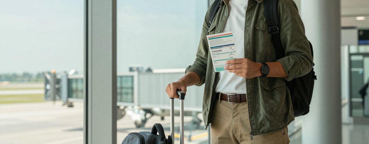 adult person standing at an airport departure gate and holding an international vaccination booklet