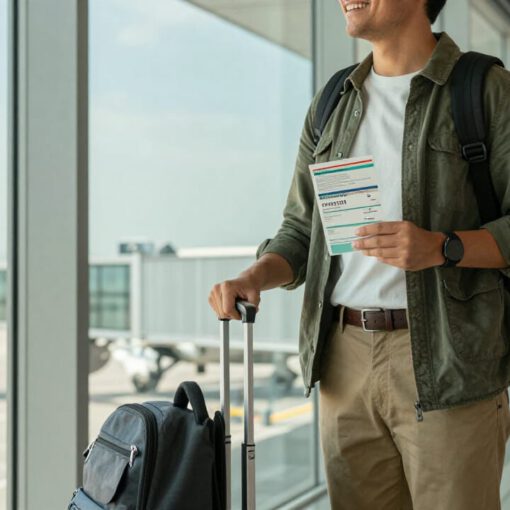 adult person standing at an airport departure gate and holding an international vaccination booklet