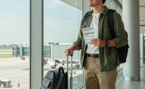 adult person standing at an airport departure gate and holding an international vaccination booklet