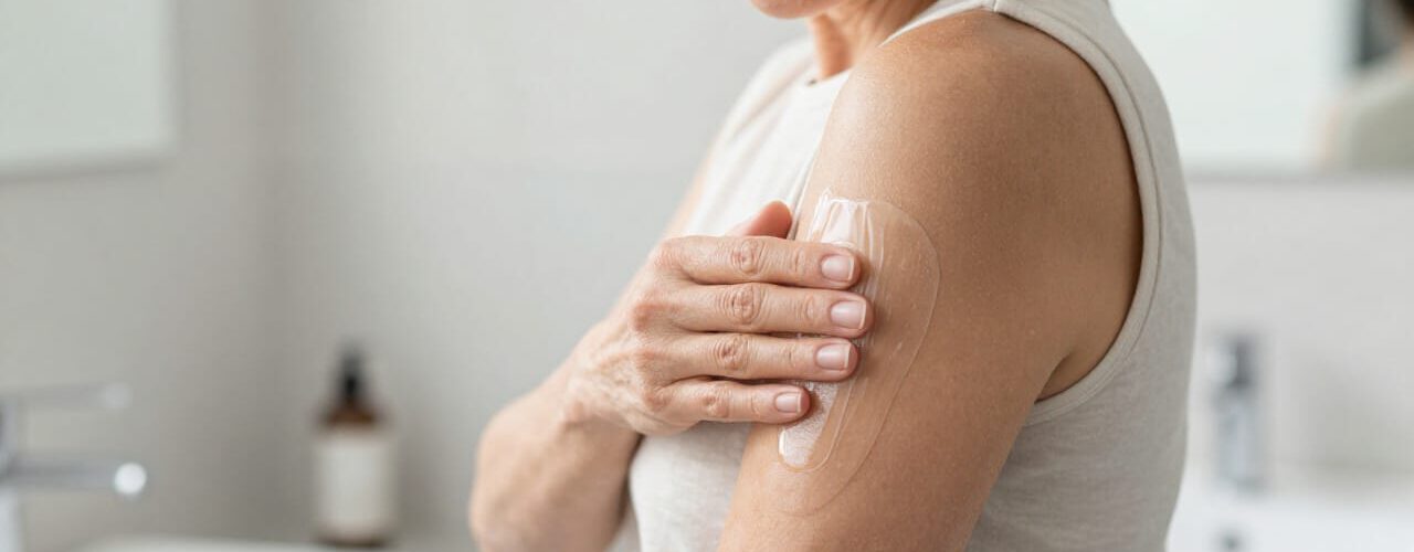A woman in her early to mid-50s, representing menopause age, applies a transparent medical hormone gel with her hand to her upper arm.