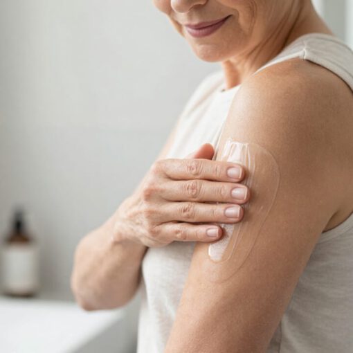 A woman in her early to mid-50s, representing menopause age, applies a transparent medical hormone gel with her hand to her upper arm.
