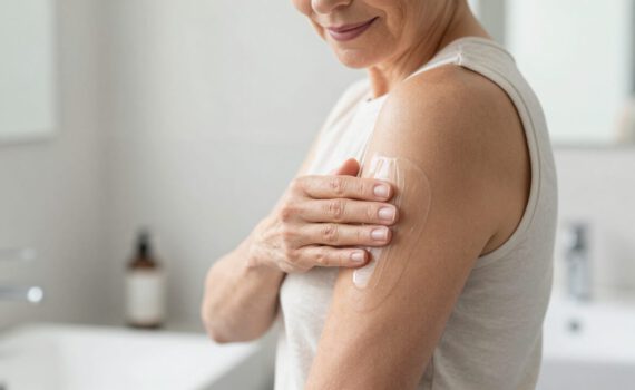 A woman in her early to mid-50s, representing menopause age, applies a transparent medical hormone gel with her hand to her upper arm.